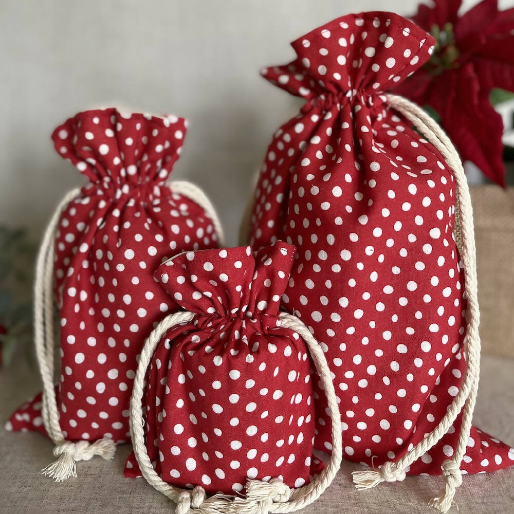 Christmas Reusable Fabric Gift Bag - Red and White Dots