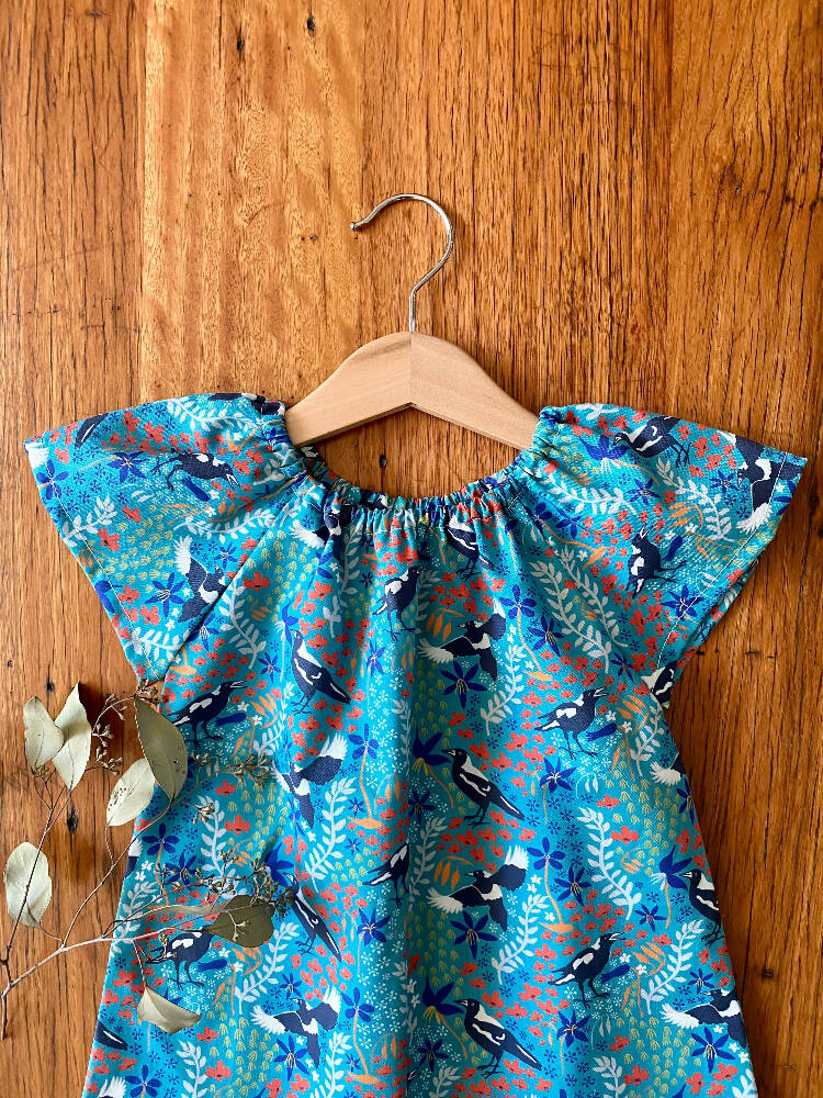 dress - turquoise magpies / cotton peasant-style dress green / Australian birds