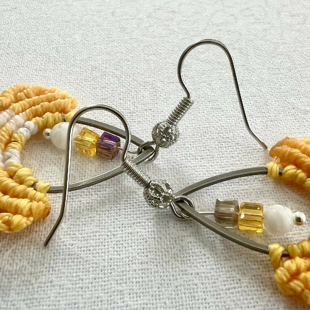 Yellow & White Micro Macrame Earrings, Silver Plated hooks + Free microfiber pouch