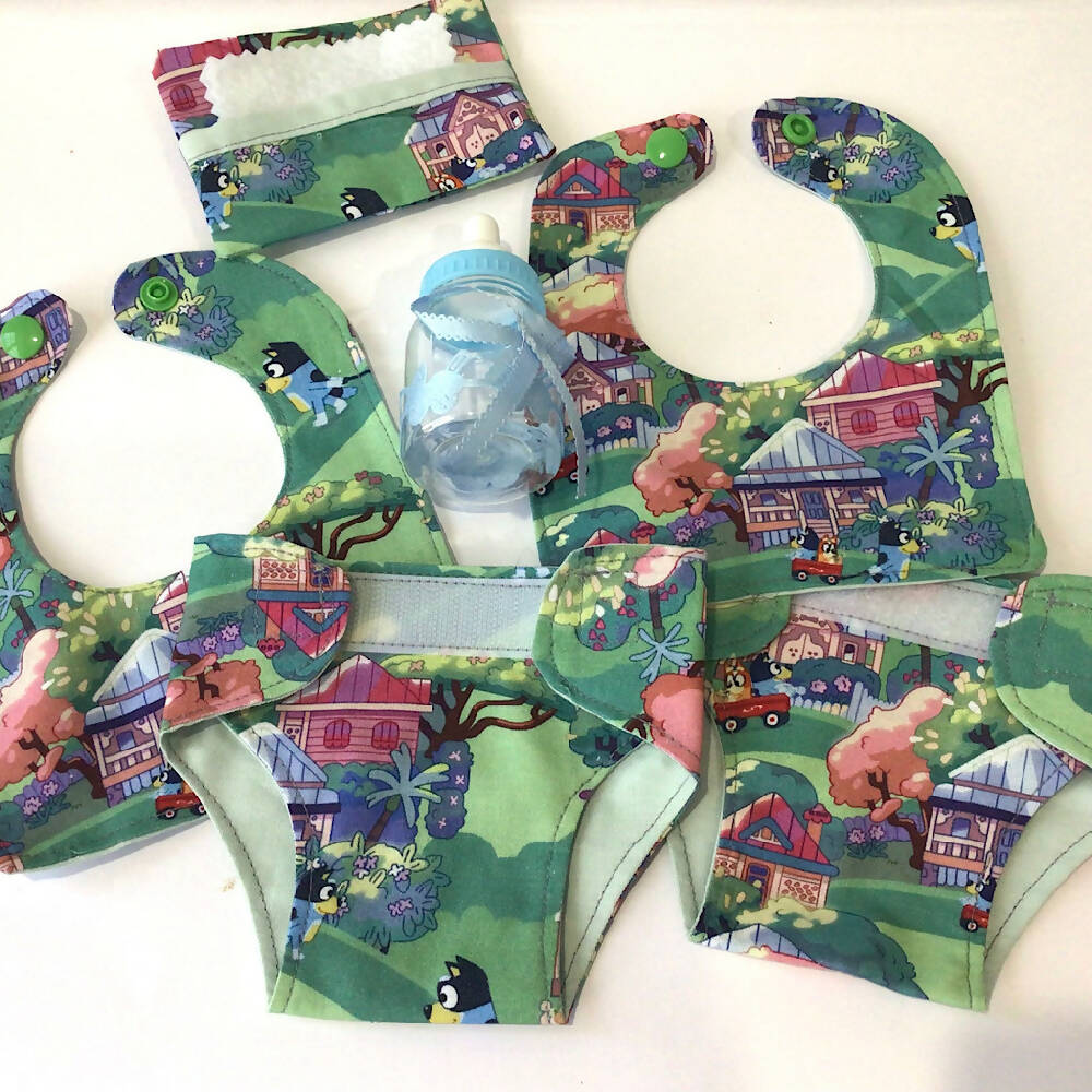 Nappy Bag and accessories for Baby Doll #3 bluey / green