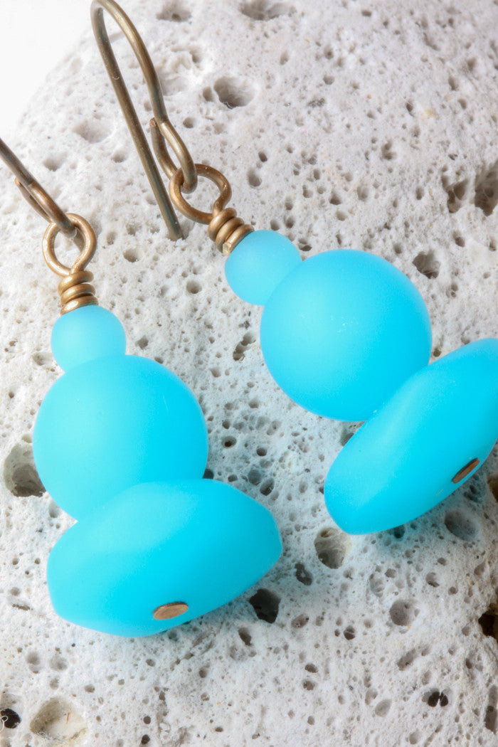 Aqua Sea Glass & Brass Earrings