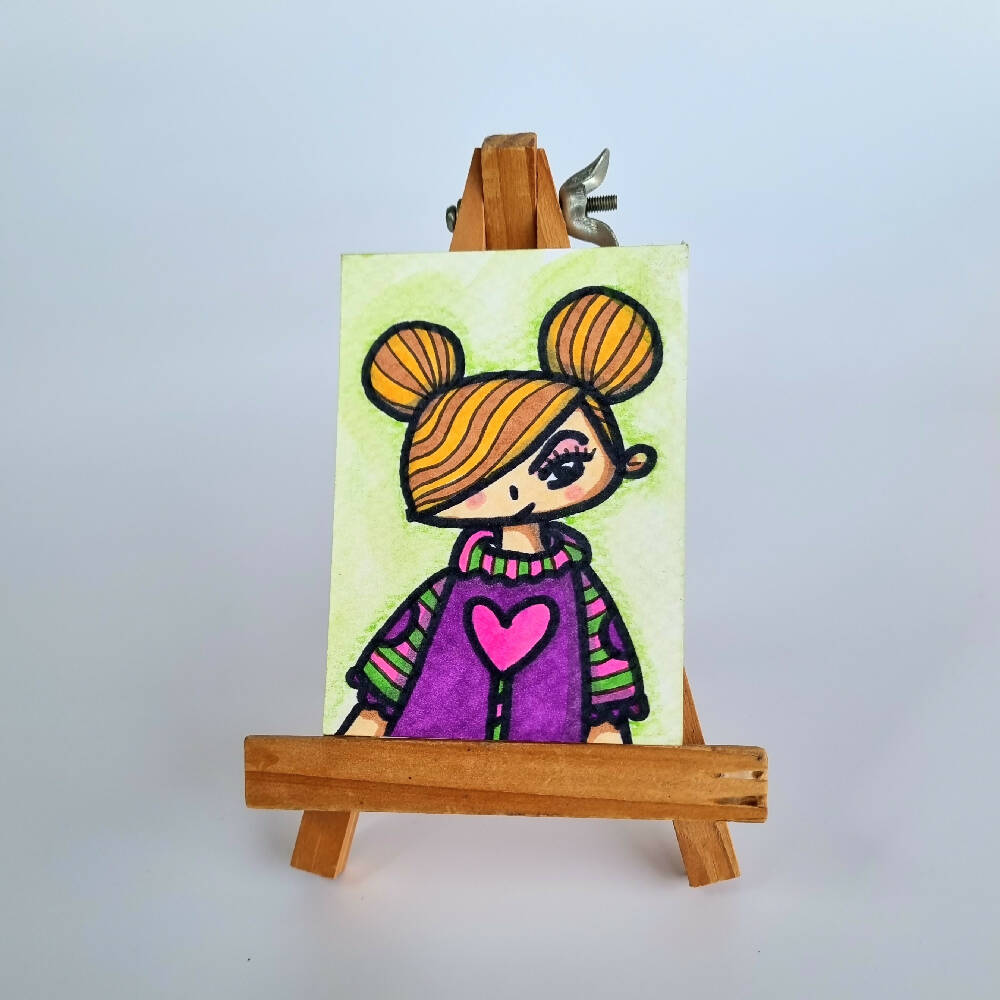 Greta with a big heart - ACEO Original Ink and watercolor on Watercolor Paper