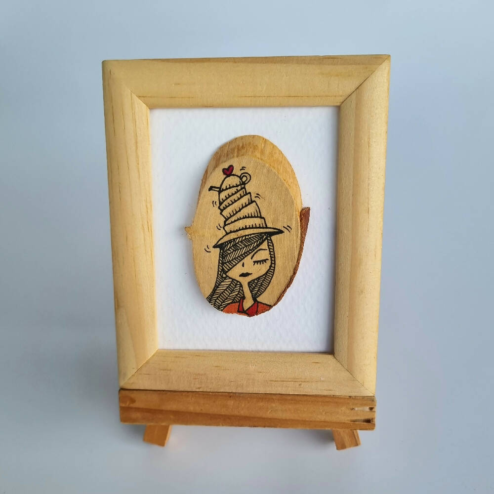 Headline Series : Andrea Original Ink on Sliced Wood on Watercolor Paper