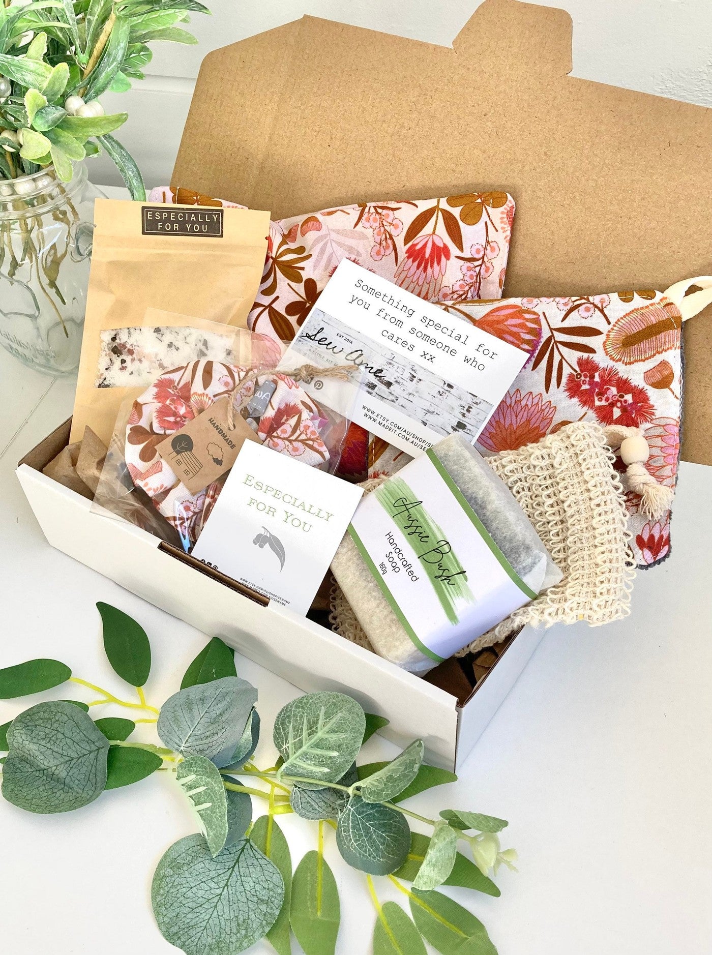 New Mum Gift, Beauty Pamper Hamper, Spa and Care Pack in Native Flowers Fabric
