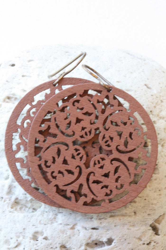 Wooden Filigree Round Earrings Brown