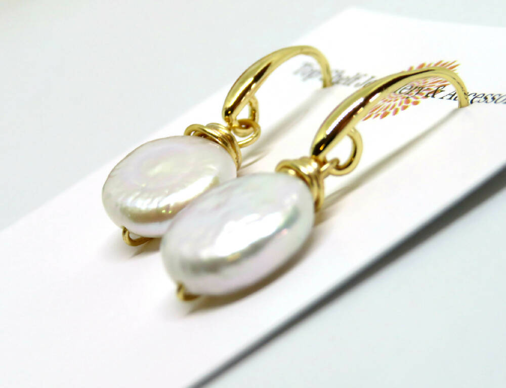 White Button Baroque Pearl Wire Wrapped Earrings