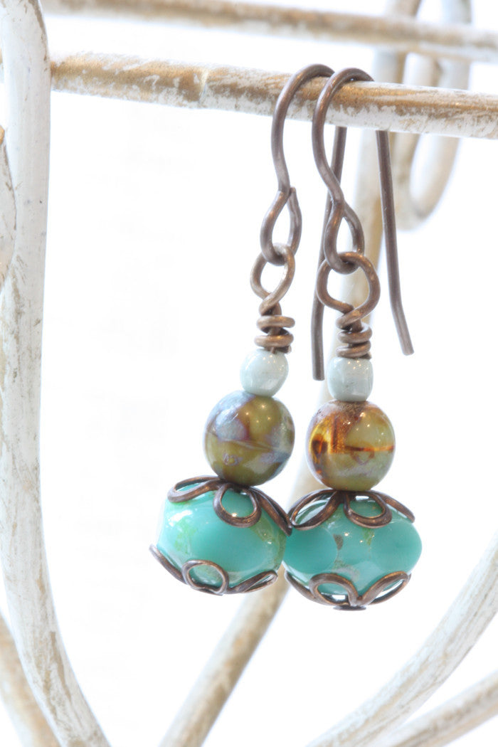 Czech Glass Drop Earrings in Turquoise & Brass
