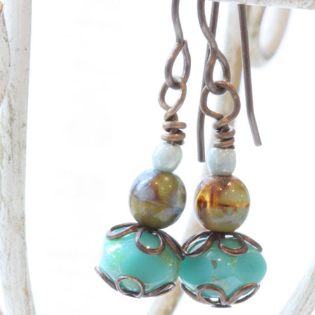 Czech Glass Drop Earrings in Turquoise & Brass