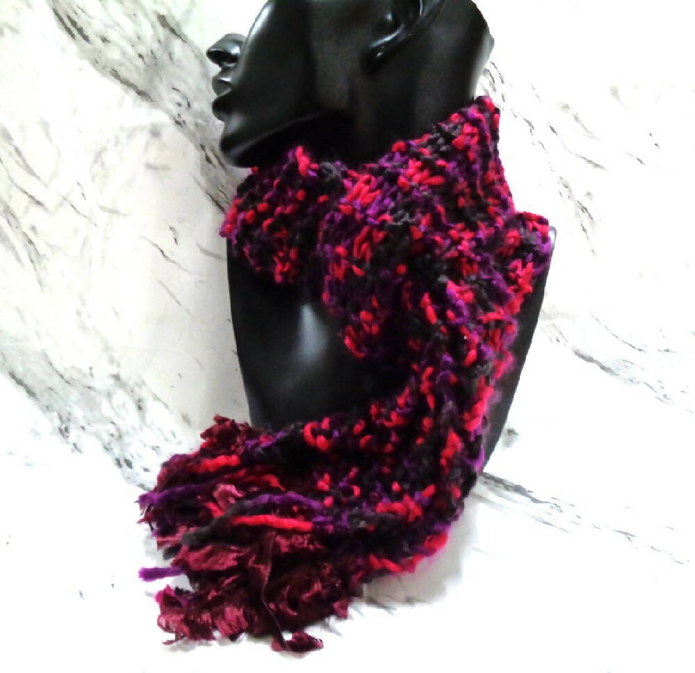 Handknitted Wool Scarf - Multicoloured - Purple - Burgundy - Black