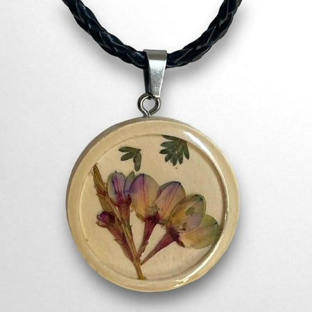 Purple Flower Wood and Resin Pendant on Necklace