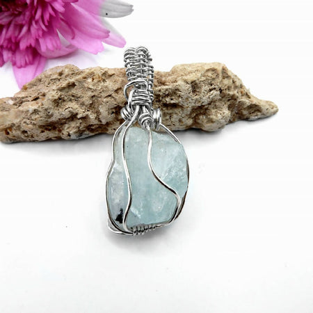 Raw Aquamarine and Tourmaline pendant Sterling silver wire wrapped