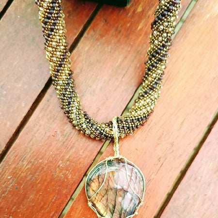 Labradorite wrapped pendant and seed bead Russian spiral necklace, handcrafted