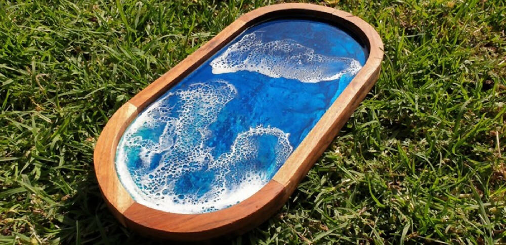 Beach Resin Art Acacia Serving Tray