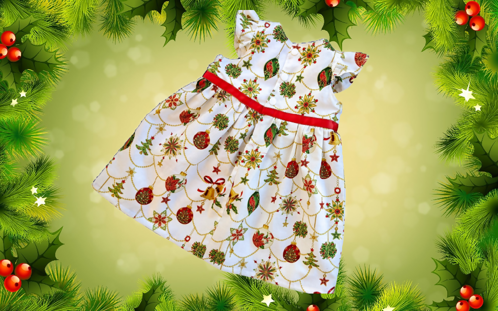 Xmas Baby Dress with flutter sleeves, Sizes 00,0,1