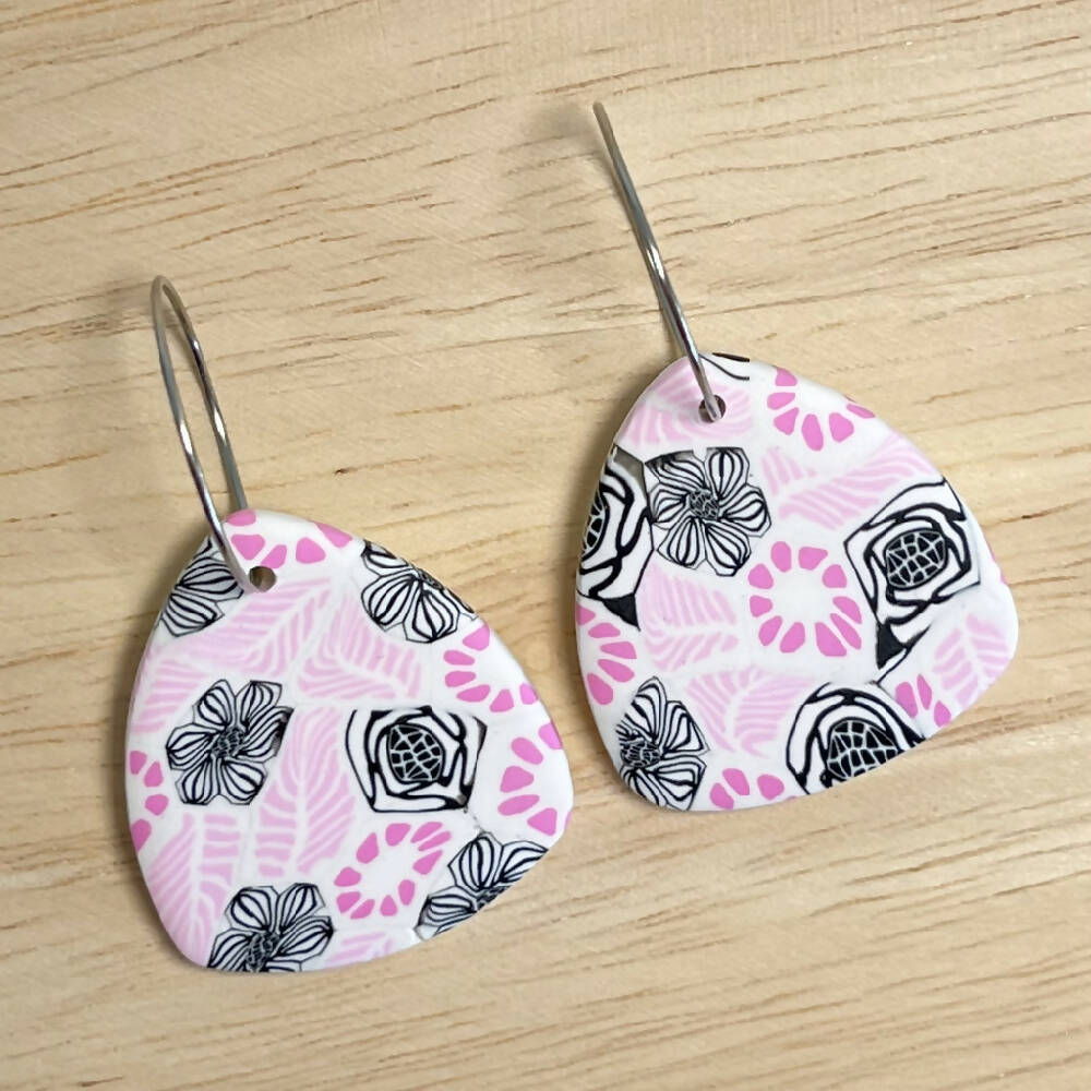 Polymer Clay Earrings Pink, Black and White Dangles