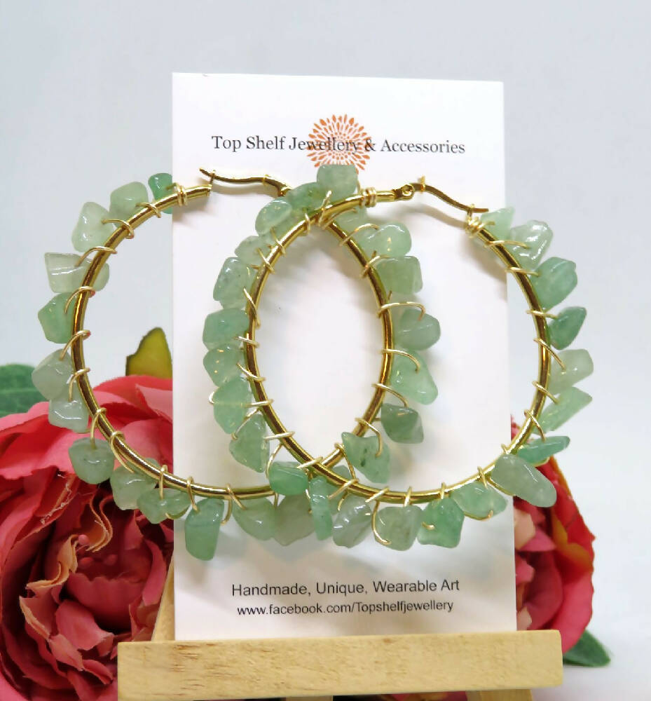 Jade Green Chip Wire Wrapped Hoop Earrings