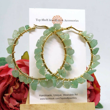 Jade Green Chip Wire Wrapped Hoop Earrings