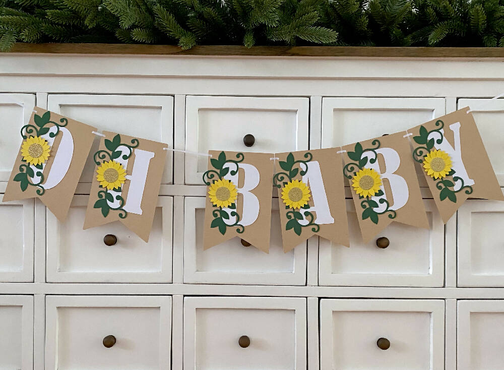 OH BABY Sunflower Banner. Botanical floral baby shower banner.