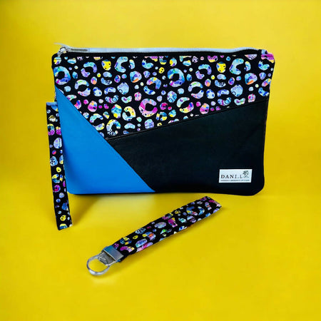 Kangaroo Leather Playful Leopard Tricolour Clutch Bag and Key Fob Set