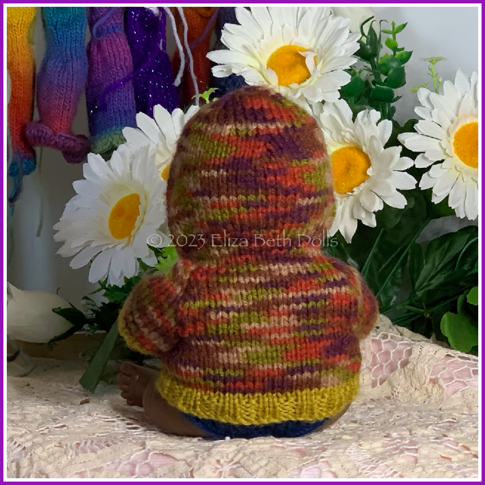 Miniland 21cm clothes, PDF digital pattern, Hoodie, Jacket, Hooded Coat, Boy, Girl, Unisex, Easy quick knit, Straight needles, Flat knit, Baby doll clothes, Cute outfit, Doll accessories, Minikane, 8inch, Clear instructions, Photos, 8ply DK yarn, Beginner friendly, Basic knitting, Simple pattern, 4, Eliza Beth Dolls, ElizaBethDolls, Australia