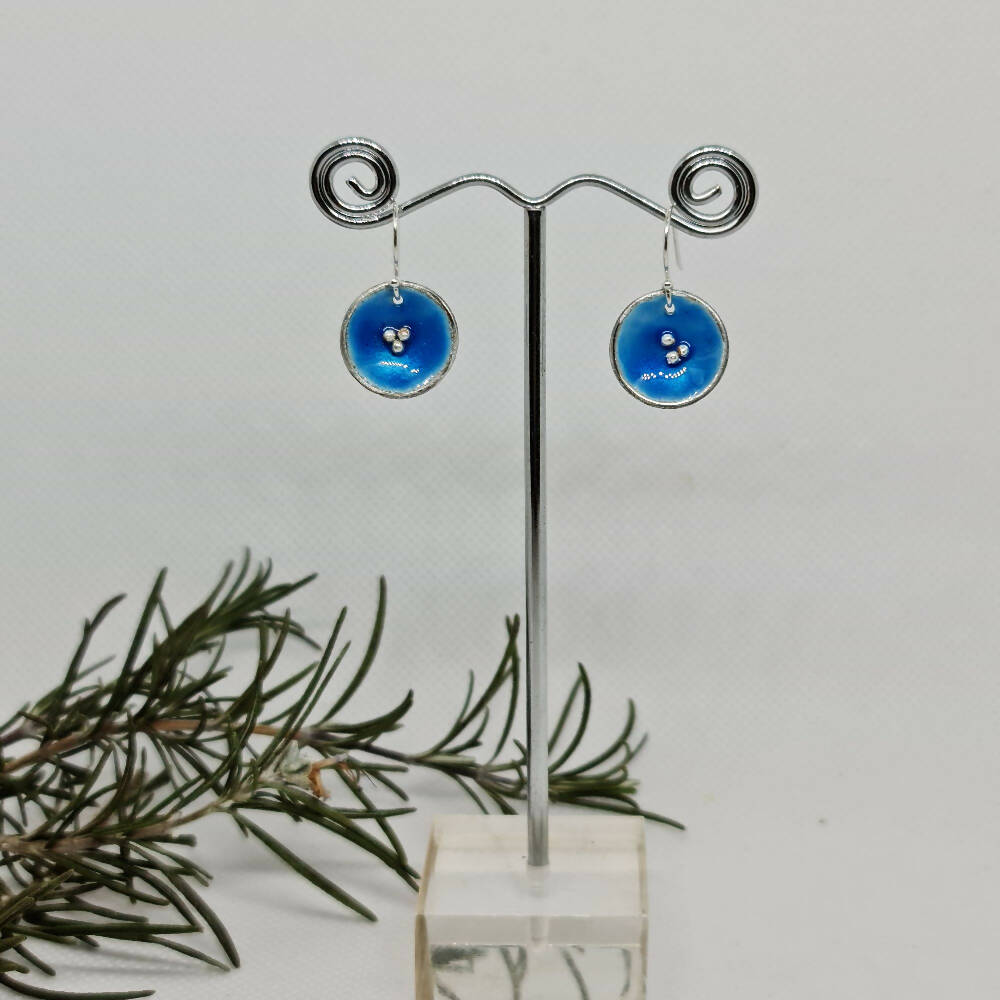Silver Enamel Earrings - Blue Enamel Pools