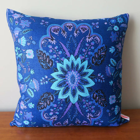 Handmade - Blue Retro Floral Linen Cushion