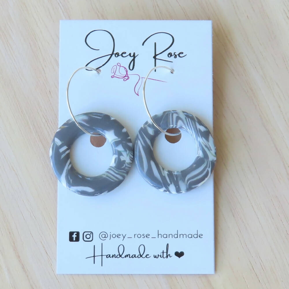 Marbled Grey Circle Polymer Clay Earrings on Silver Hoops