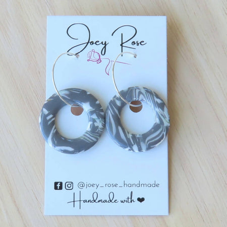 Marbled Grey Circle Polymer Clay Earrings on Silver Hoops