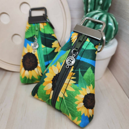 Zippity Keyring Zip Pouch - Sunflowers Print Fabric - Triangle Keyfob