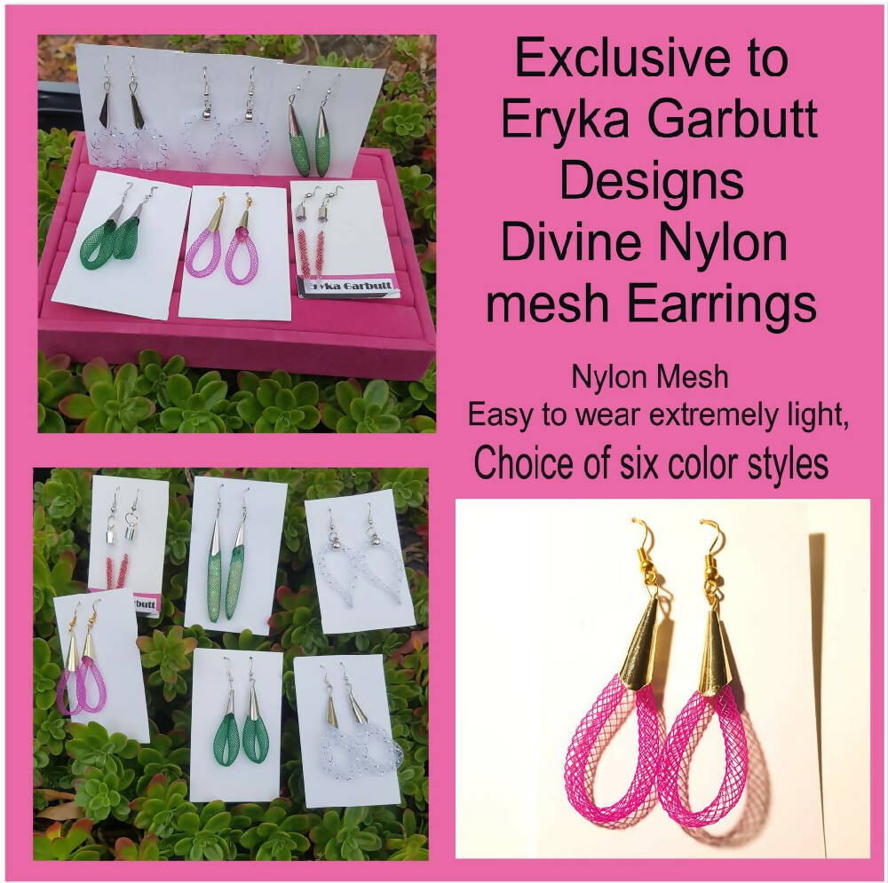 Pink nylon mesh dangle earrings loop style.