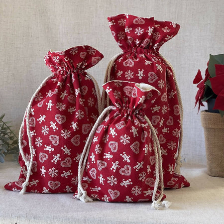 Christmas Reusable Fabric Gift Bag - Red and White Gingerbread