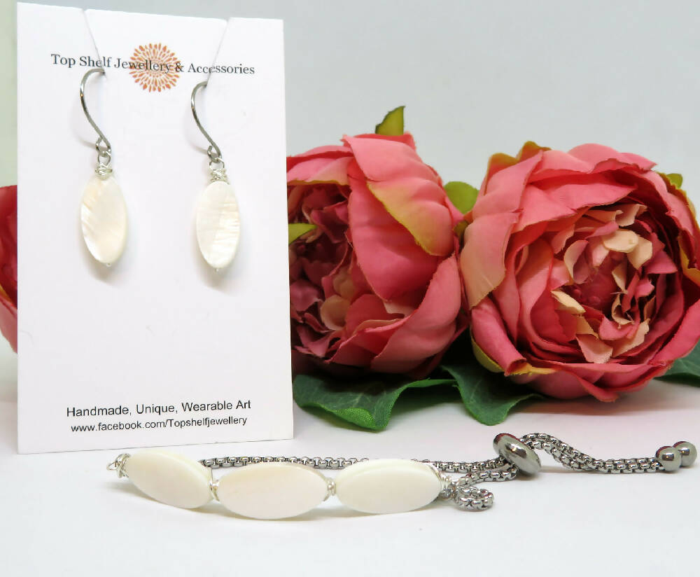 Mother of Pearl Wire Wrapped Slider Bracelet and Earring Set