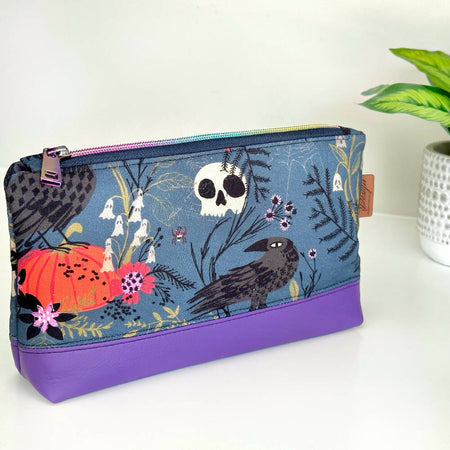 Large Leather Zippered Pouch - Skulls and Ravens