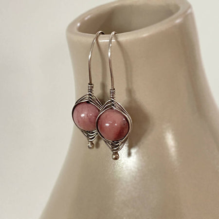 Sterling Silver Herringbone Weave Wire Wrap Earrings Mookaite Pink