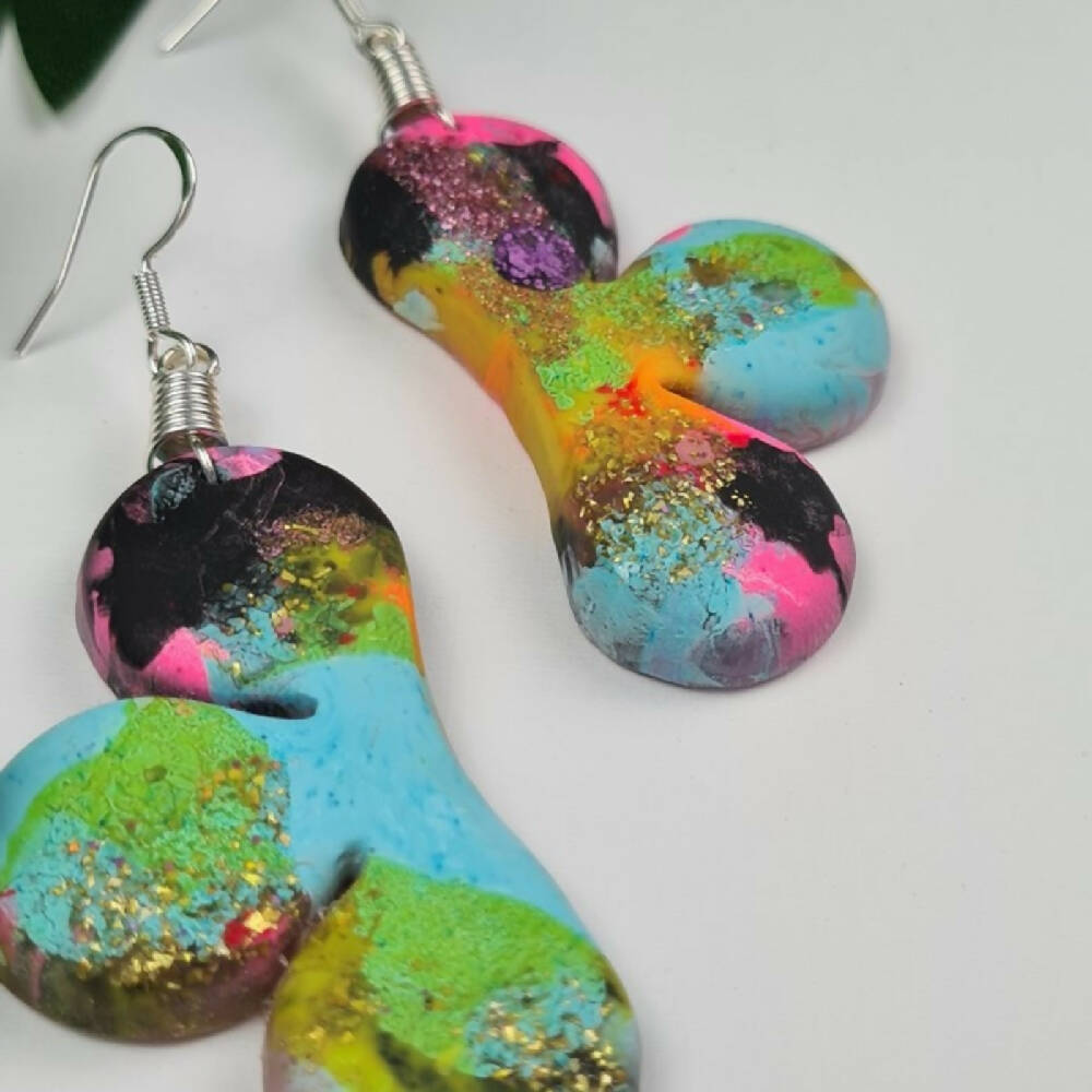 50 - Dangle Earrings Resin Button Jewellery Colourful Clouds Teal Pink Glitter (10)