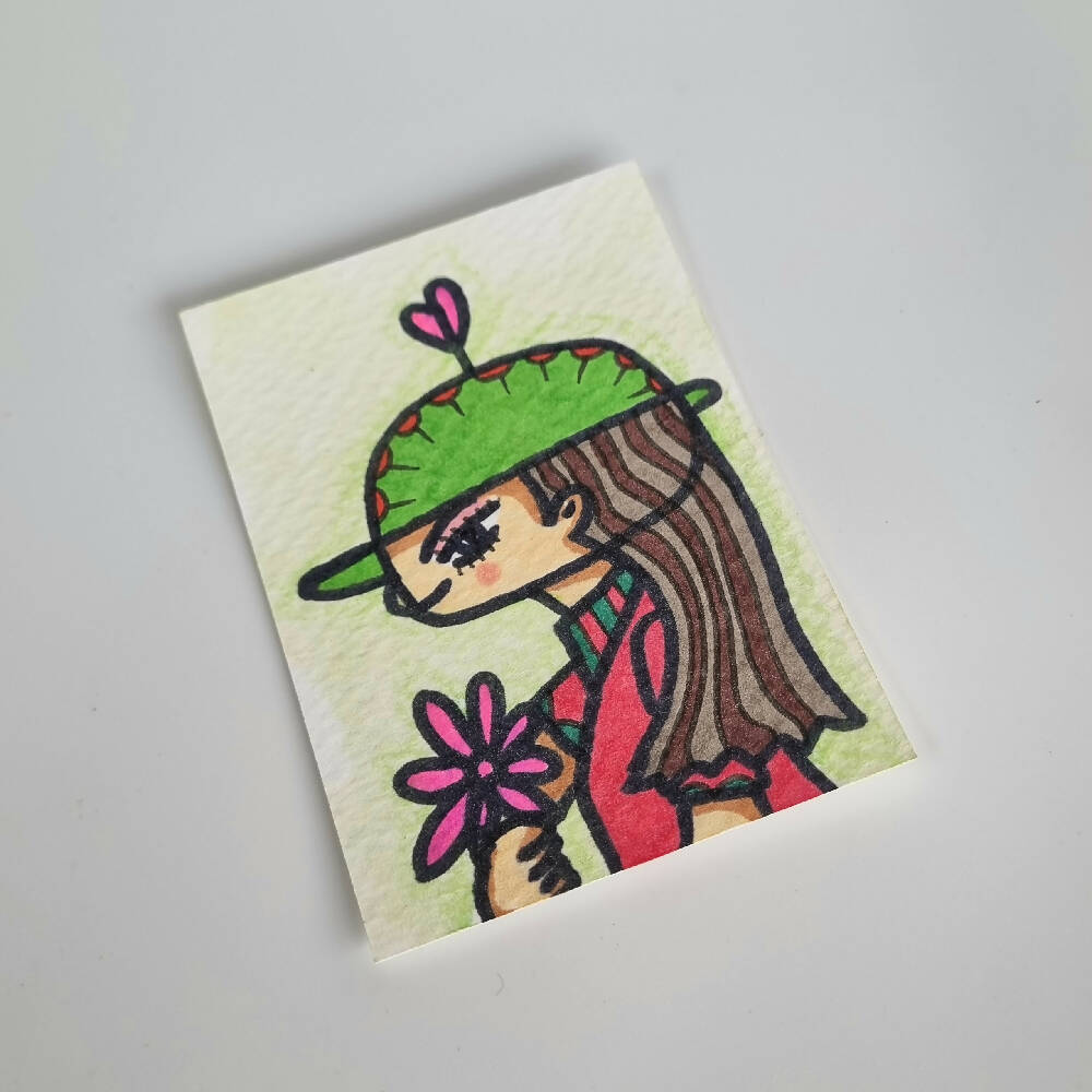 Kanas holding a flower - ACEO Original Ink and Watercolor on Watercolor Paper