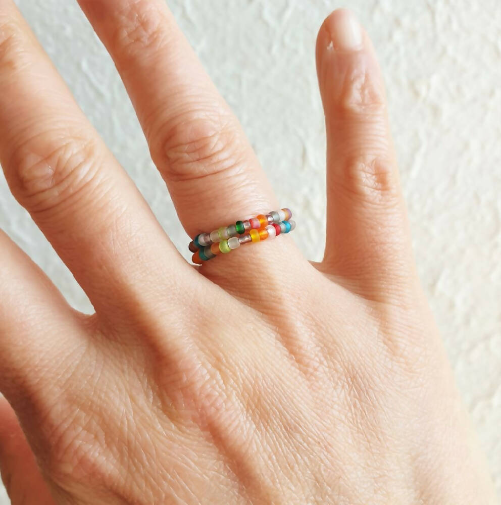 Colourful Rainbow seed bead 2 line memory wire ring