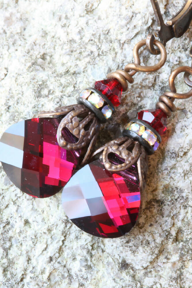 Swarovski Crystal & Brass Drop Earrings Ruby AB Briolette