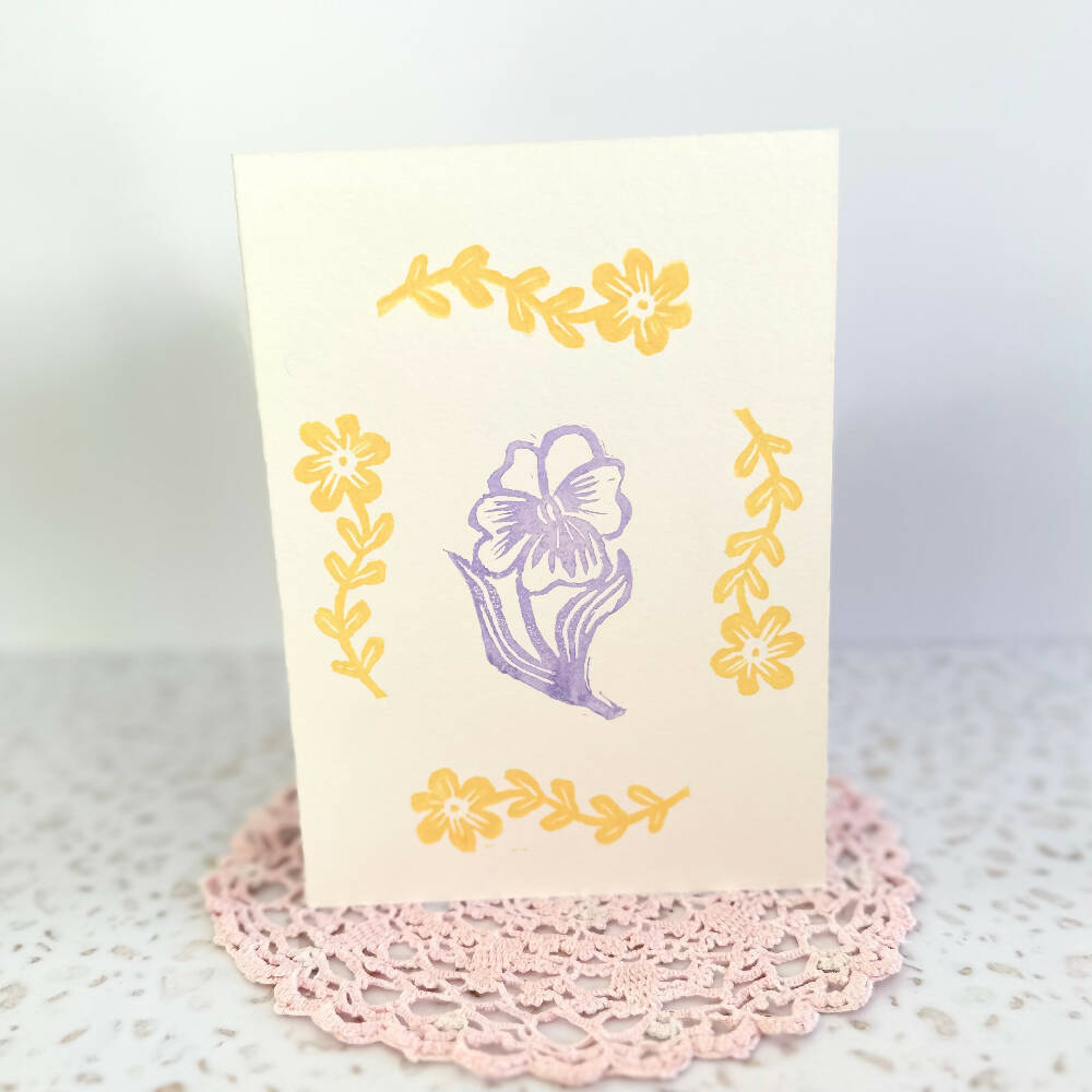 Pretty Pansy Original Hand Carved and Printed Greeting Card