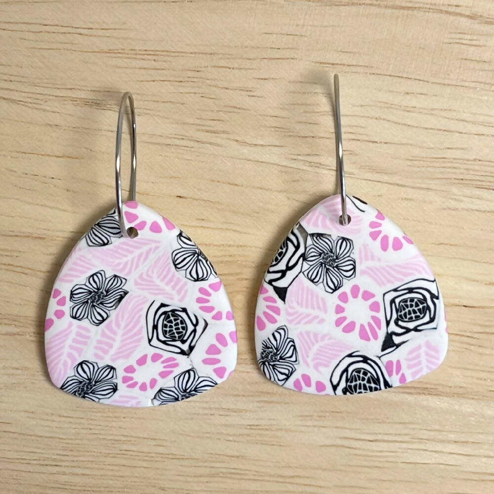 Polymer Clay Earrings Pink, Black and White Dangles