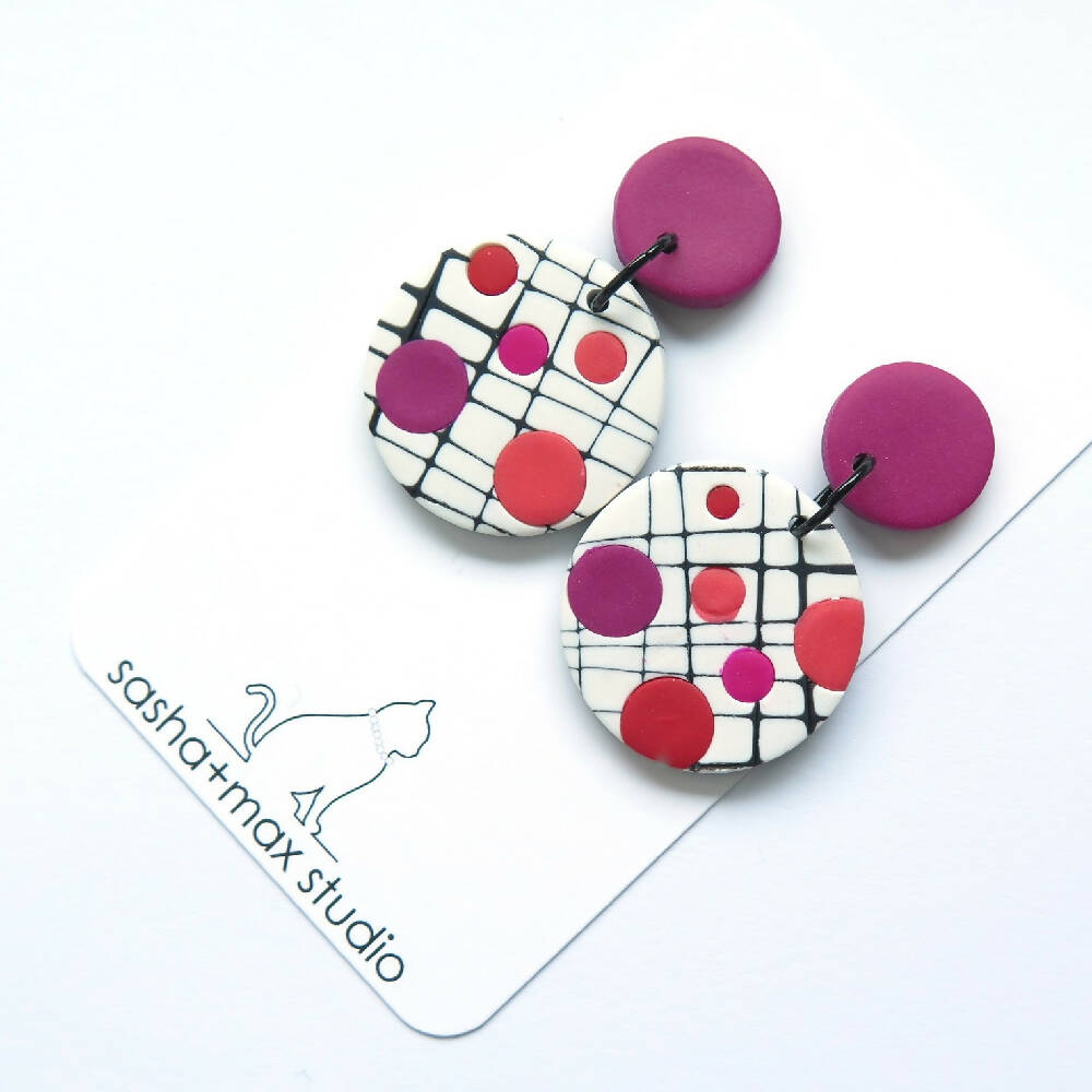 Mokume pink and white statement disc Polymer Clay earrings
