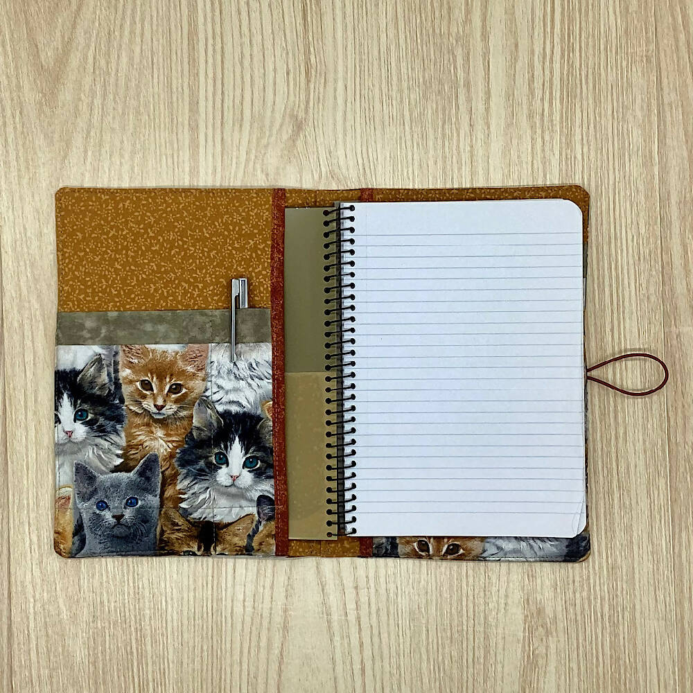 Cats and kittens refillable A5 fabric notebook cover with bonus book and pen.