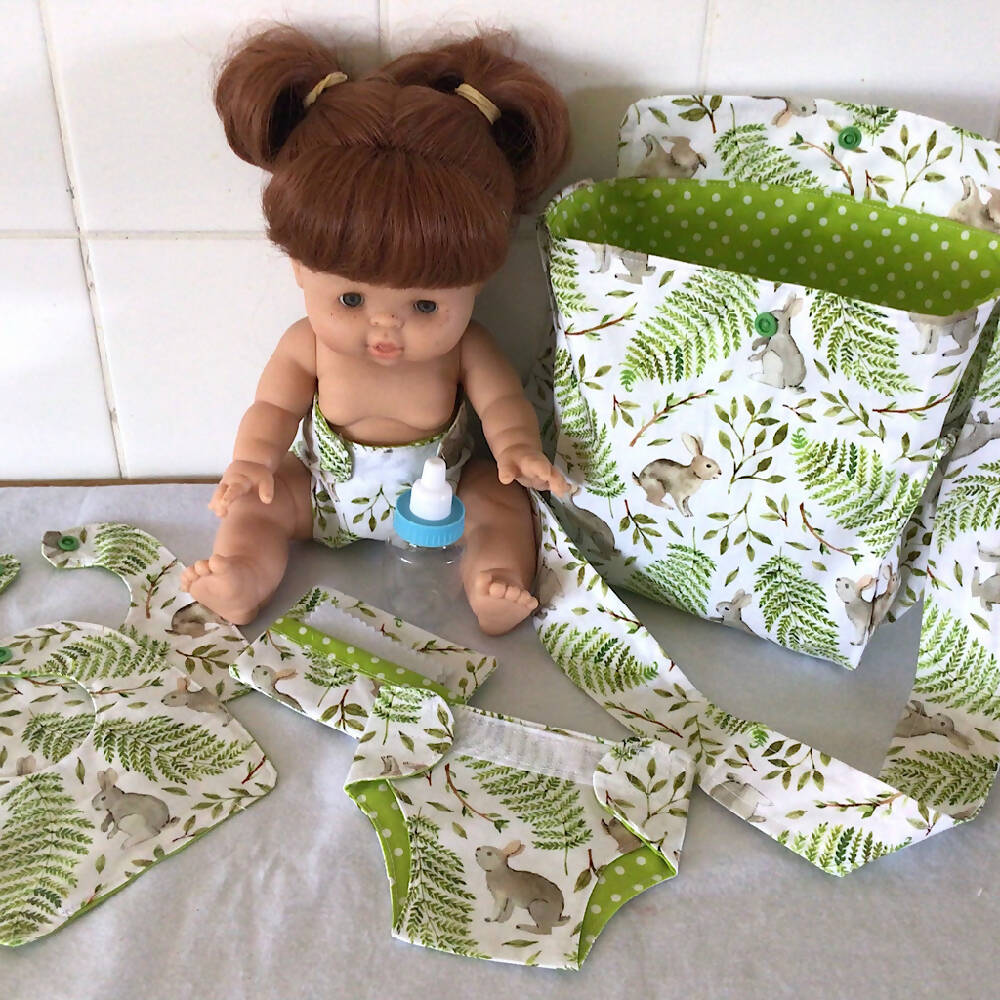 Nappy Bag and accessories for Baby Doll #3 Bunnies amongst Ferns