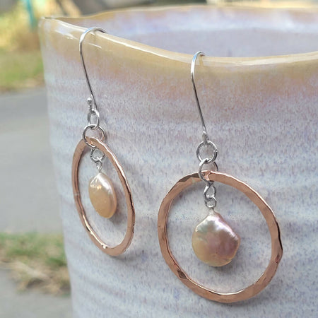 Keshi Pearl Silver or Copper Hoop Earrings