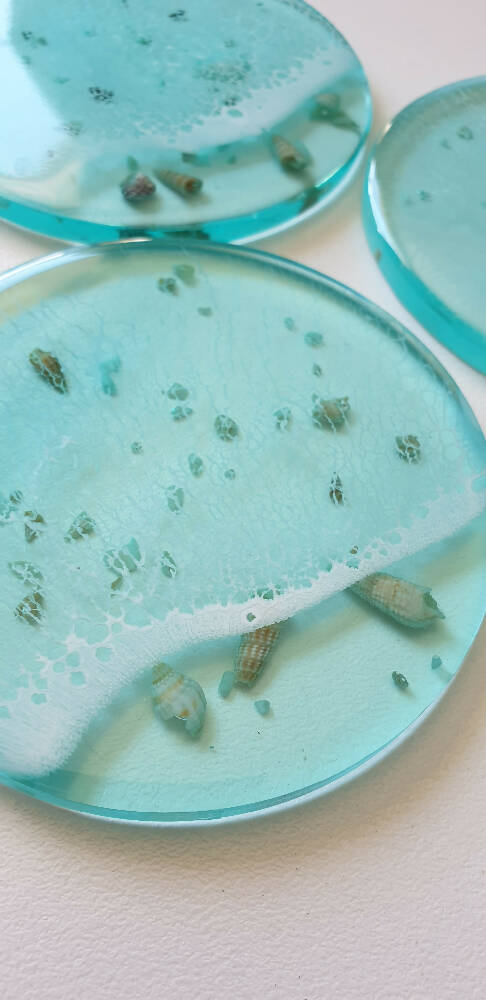 Full Resin Coasters with Shells and Frothy Wave (Set of 4)