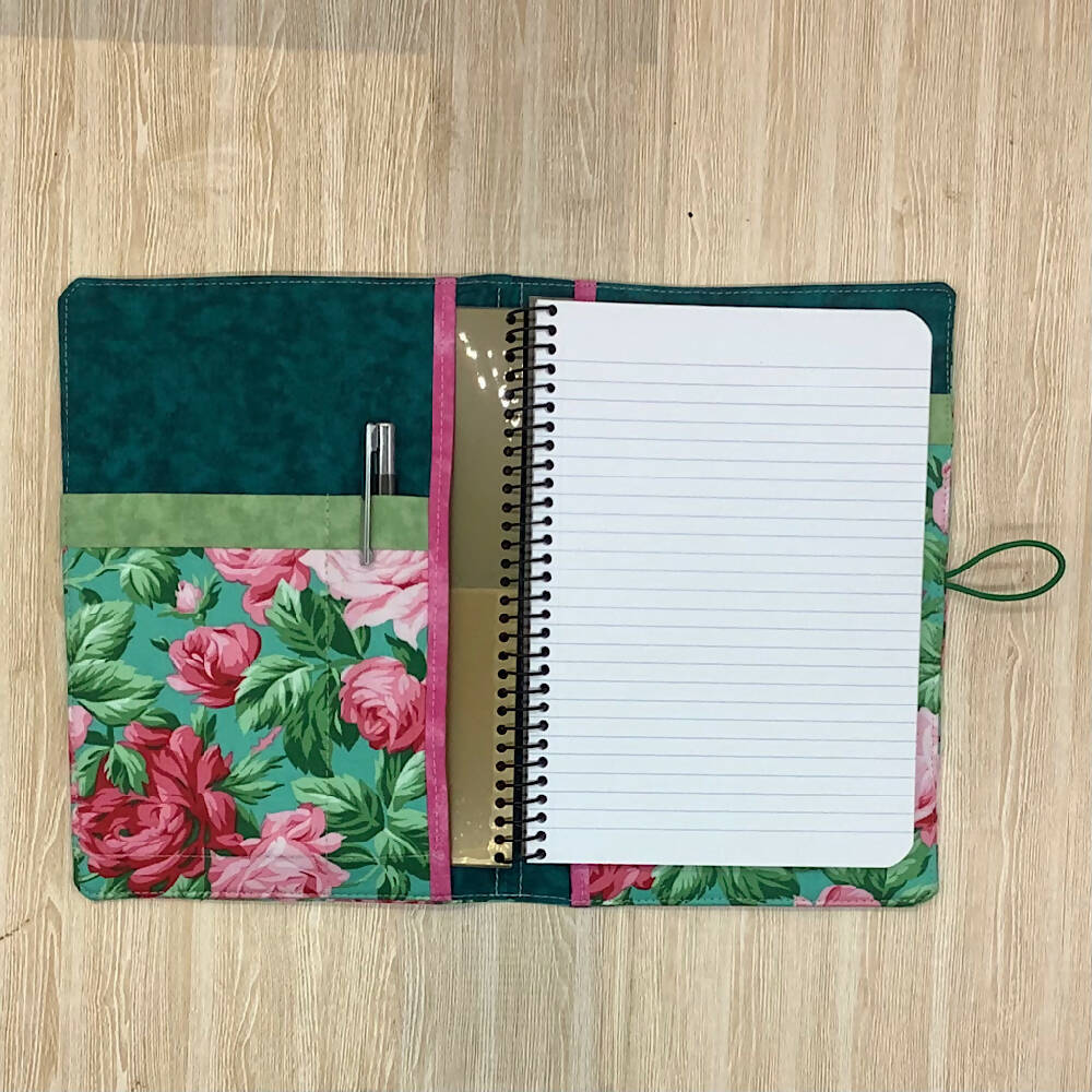 Pink Roses floral refillable A5 fabric notebook cover gift set - Incl. book and pen.