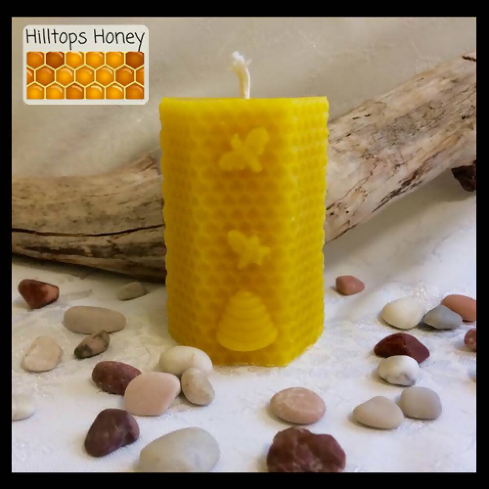 Pure Beeswax Candle - hexagonal pillar - honey scented - homemade candle