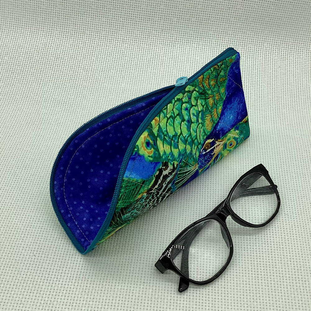 Peacock feathers curved top zip pouch for glasses, phones, handbag organiser, etc.