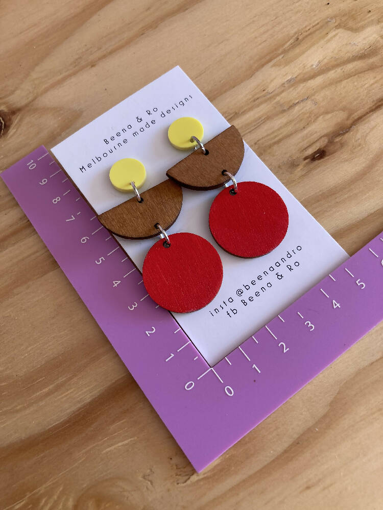 Red / yellow triple layer earrings