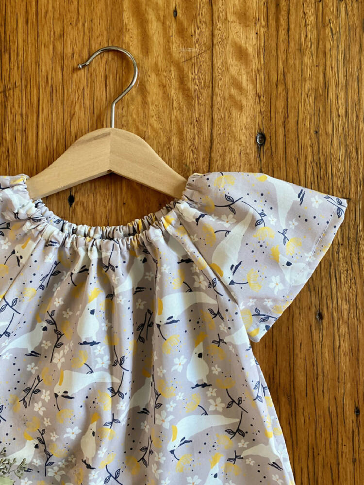 dress - grey cockatoos / cotton peasant-style dress mushroom taupe